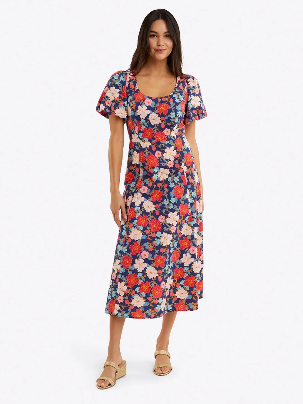 Draper James Navy Floral Scoop-Neck Midi Dress